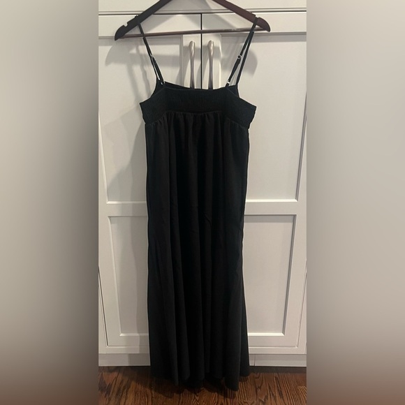 ZARA MIDI DRESS Spaghetti Straps SMOCKED TOP Solid Black dress Sz. L linen visco - Picture 5 of 6